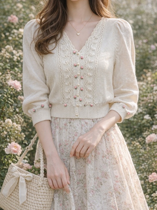 Sweaters - Vintage Cream Cotton V-Neck Sweater with Pearl Bead Accents